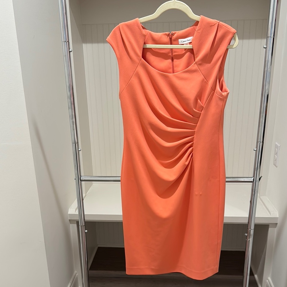 Calvin Klein Orange detailed Scoop Neckline  Ruched Sheath Dress